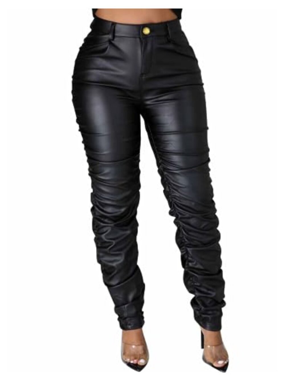 Faux Leather Leggings High Waist Stacked Ruched Pants